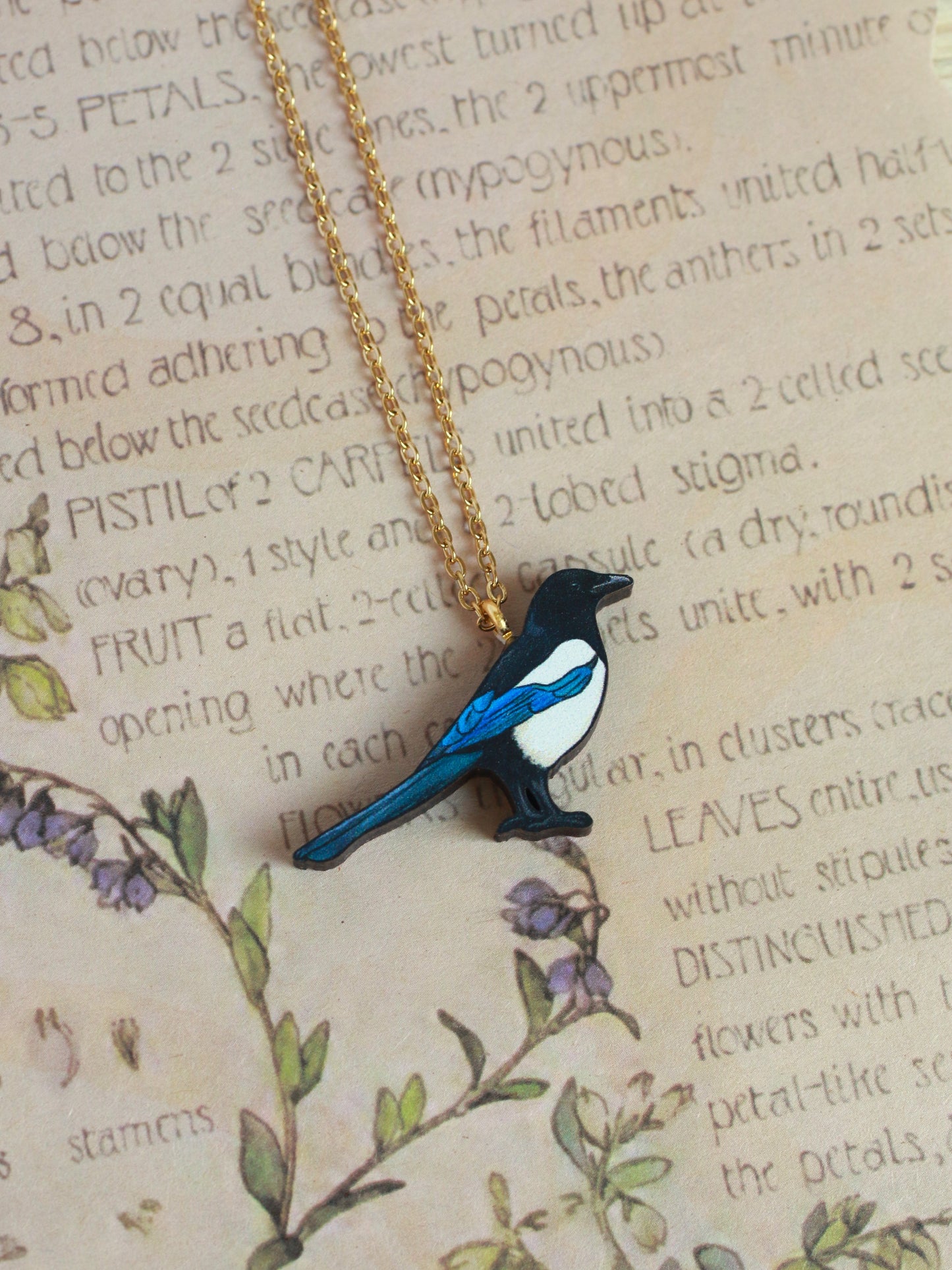 Magpie necklace - wooden bird pendant