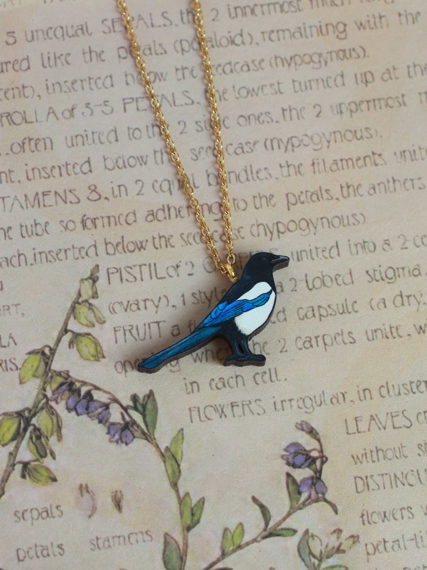 Magpie necklace - wooden bird pendant