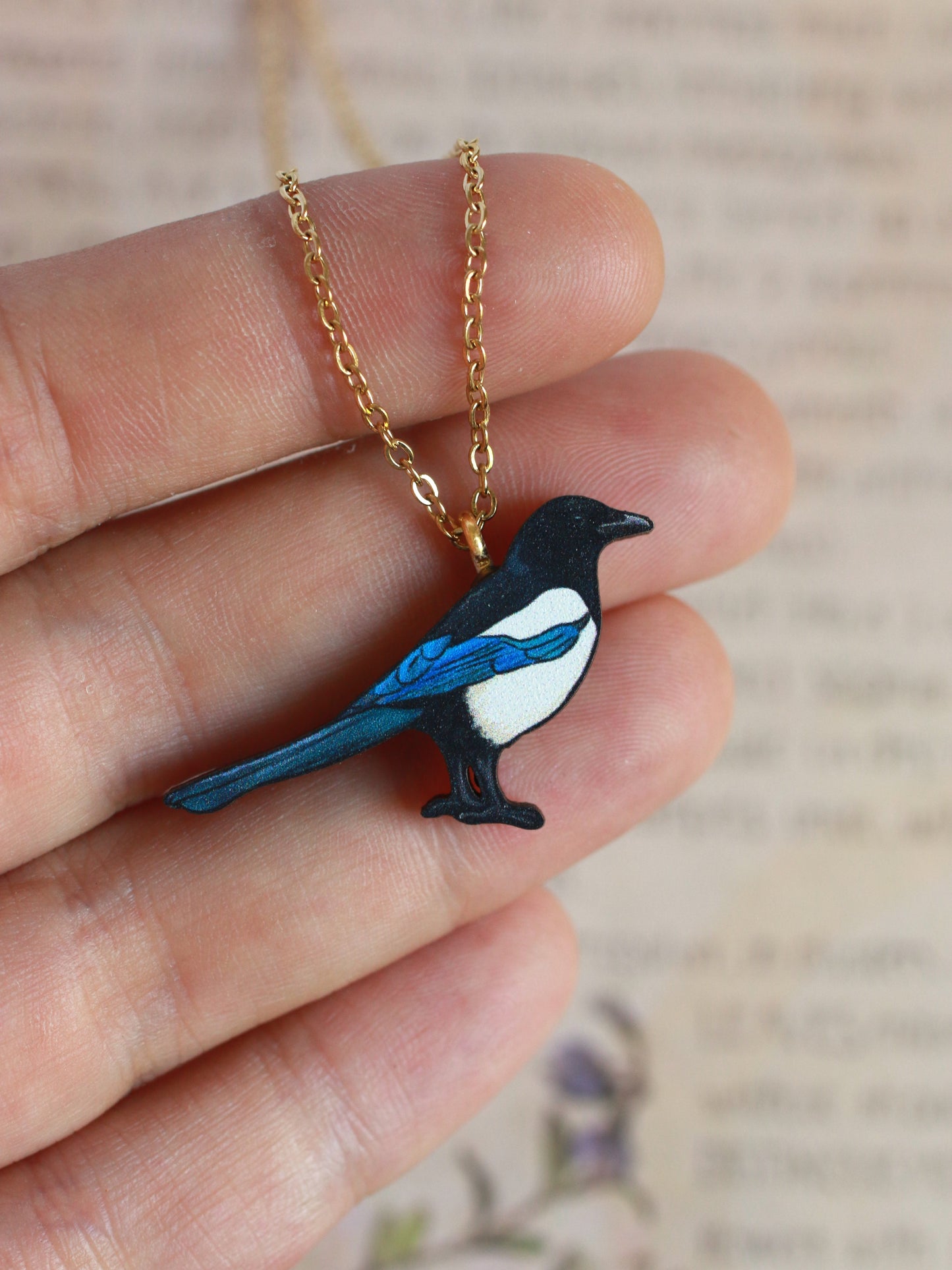 Magpie necklace - wooden bird pendant