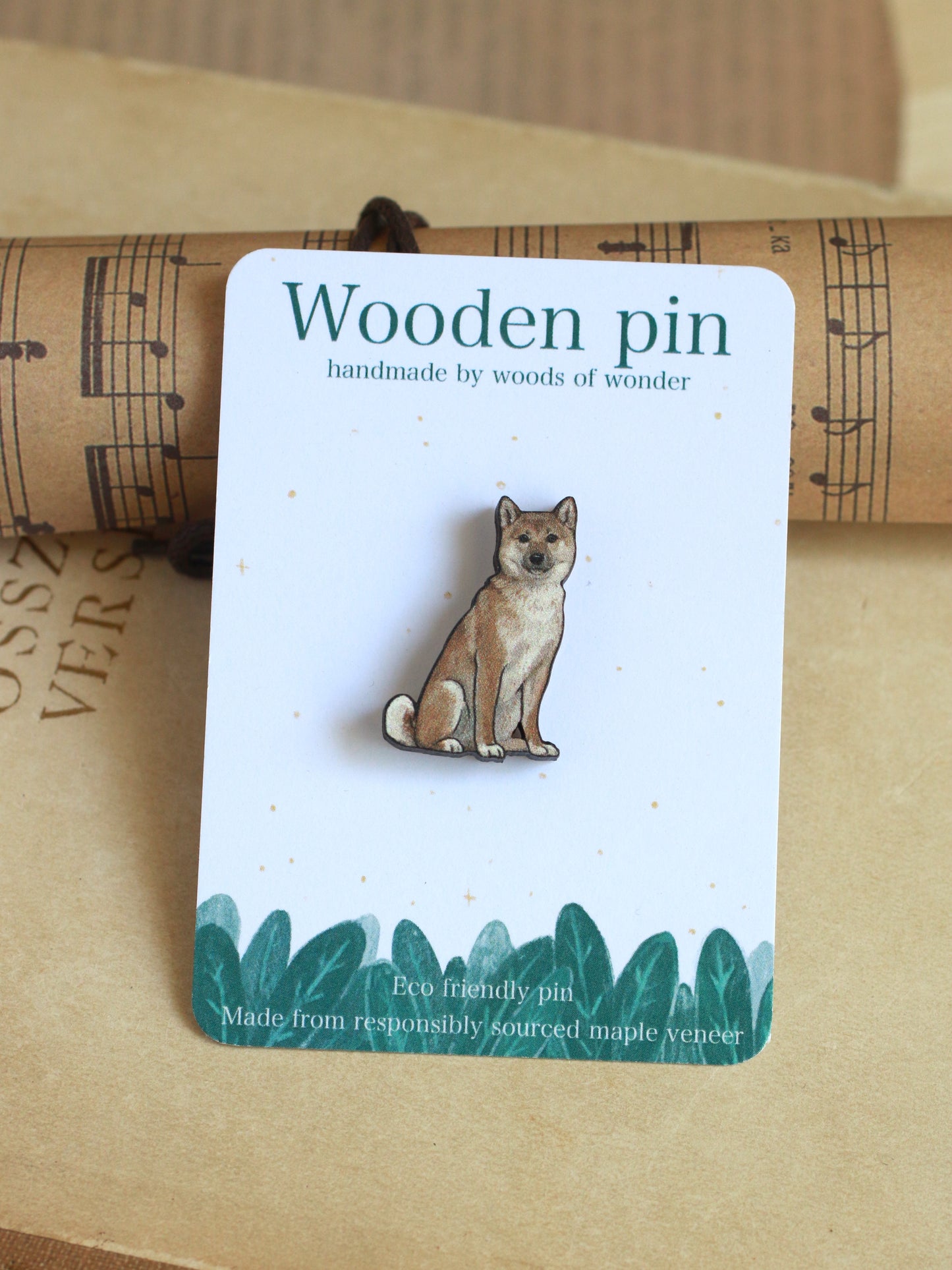 Shiba inu pin - wooden dog brooch
