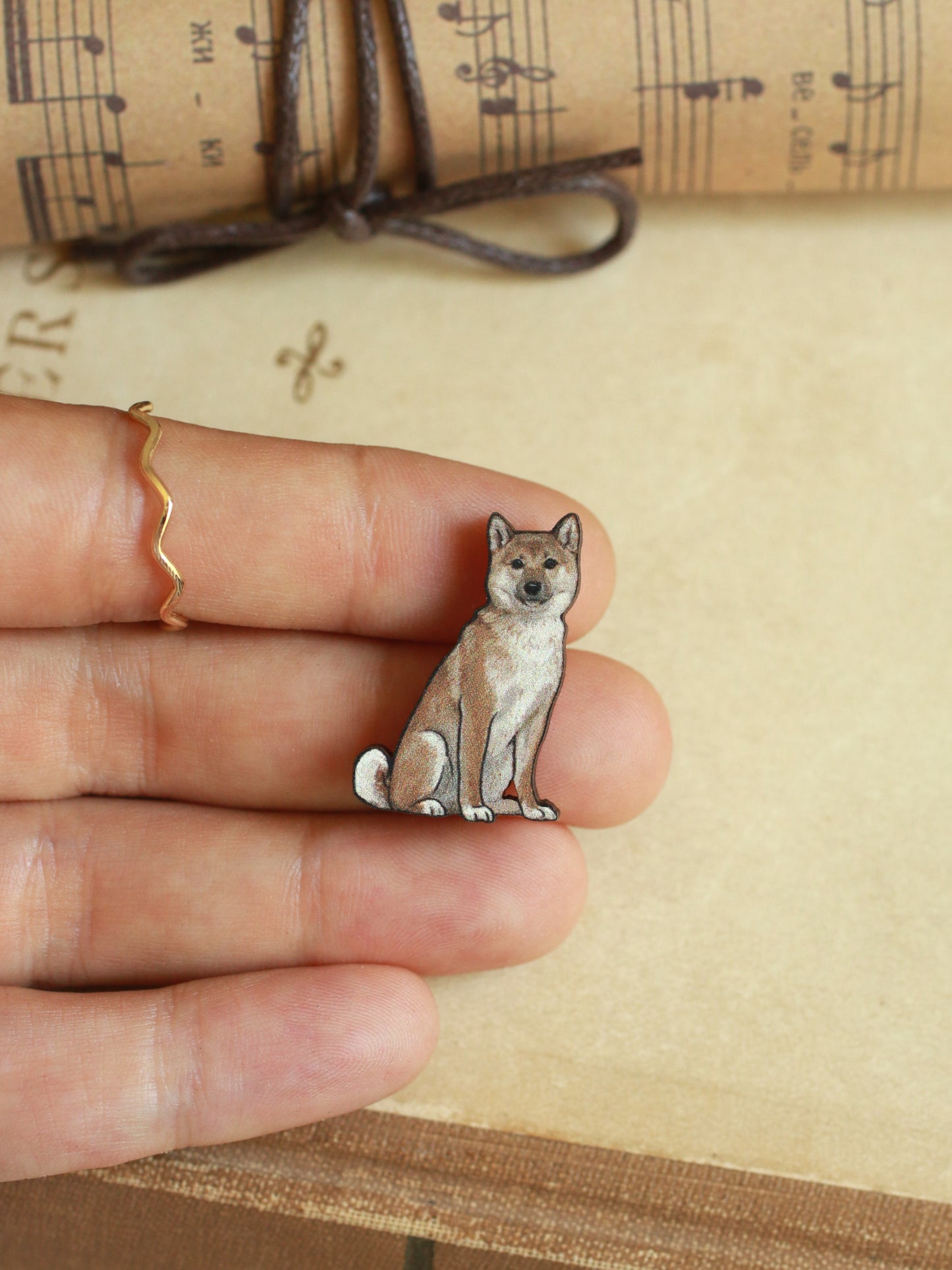Shiba inu pin - wooden dog brooch