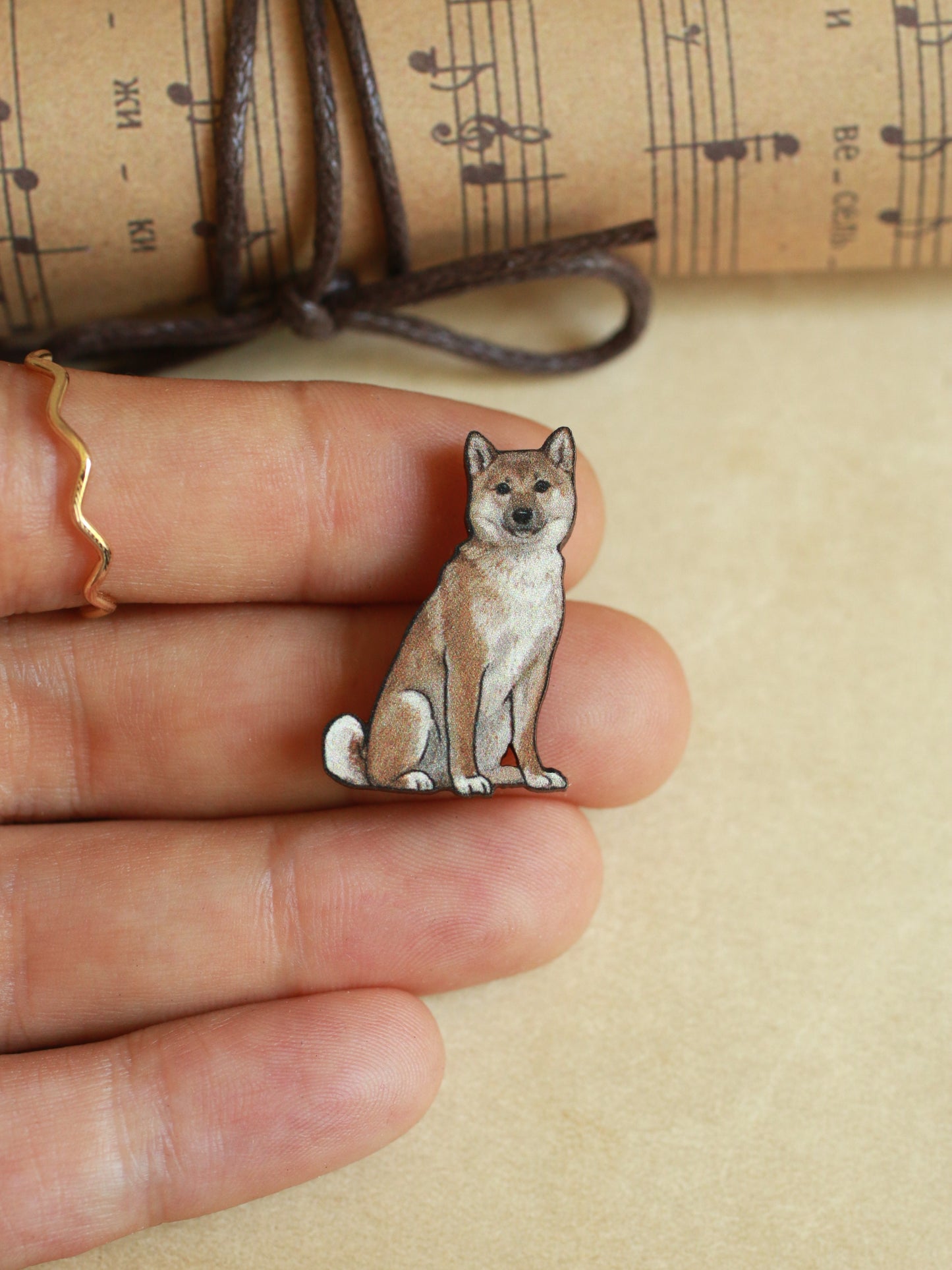 Shiba inu pin - wooden dog brooch