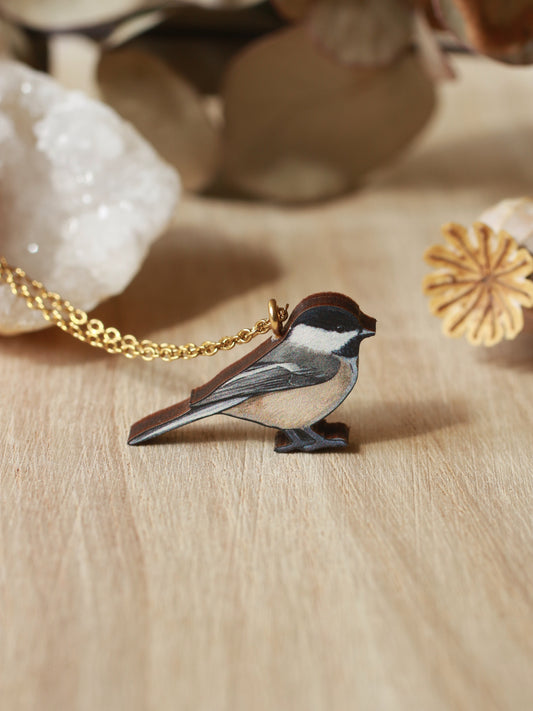 Chickadee necklace - wooden bird pendant