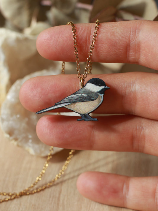 Chickadee necklace - wooden bird pendant