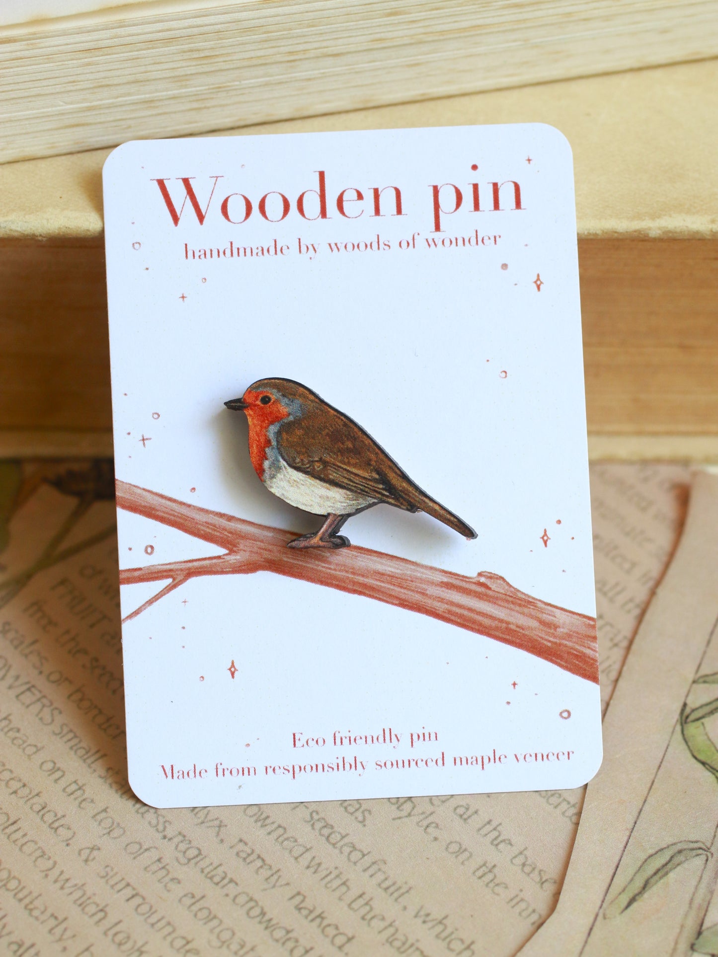 Robin pin - wooden bird pin