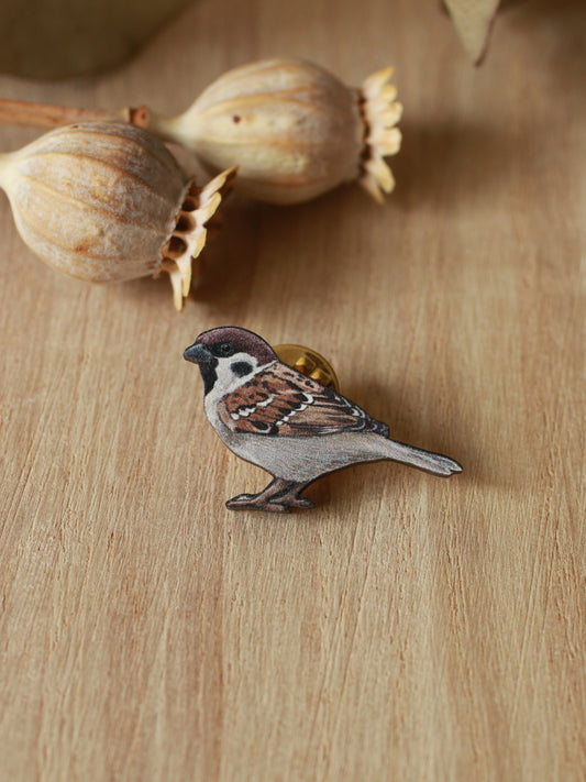 Sparrow pin - wooden bird pin