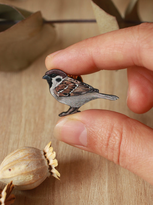 Sparrow pin - wooden bird pin