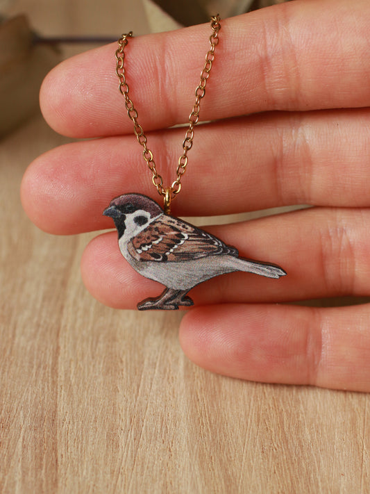 Sparrow necklace - wooden bird pendant