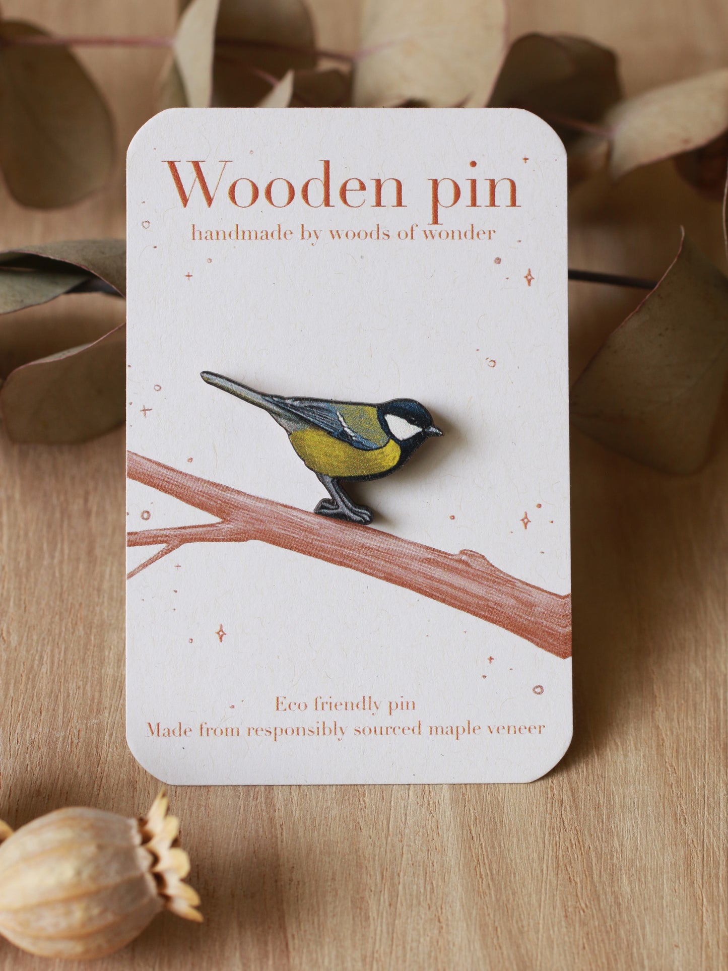 Great tit pin - wooden bird brooch