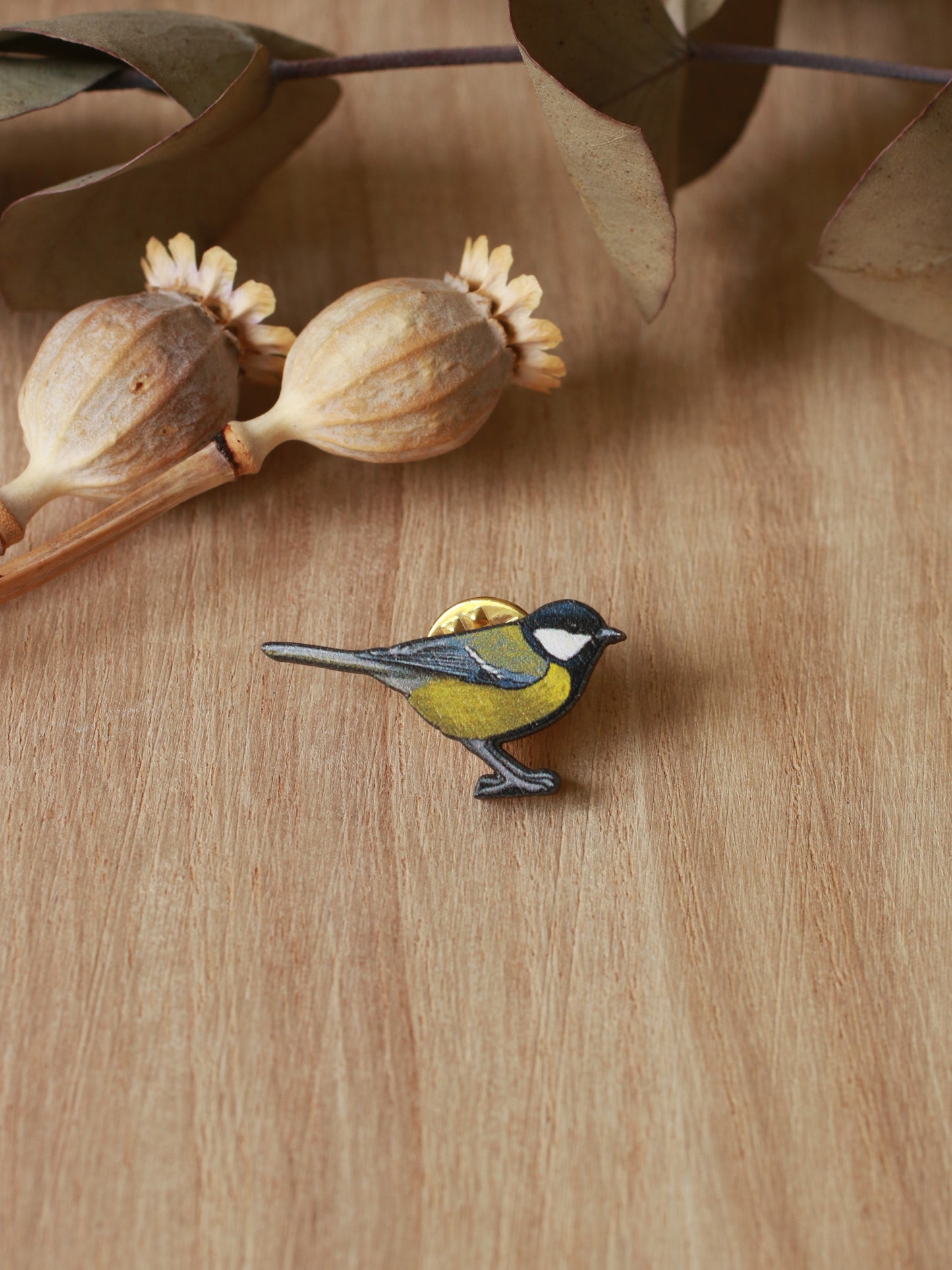 Great tit pin - wooden bird brooch