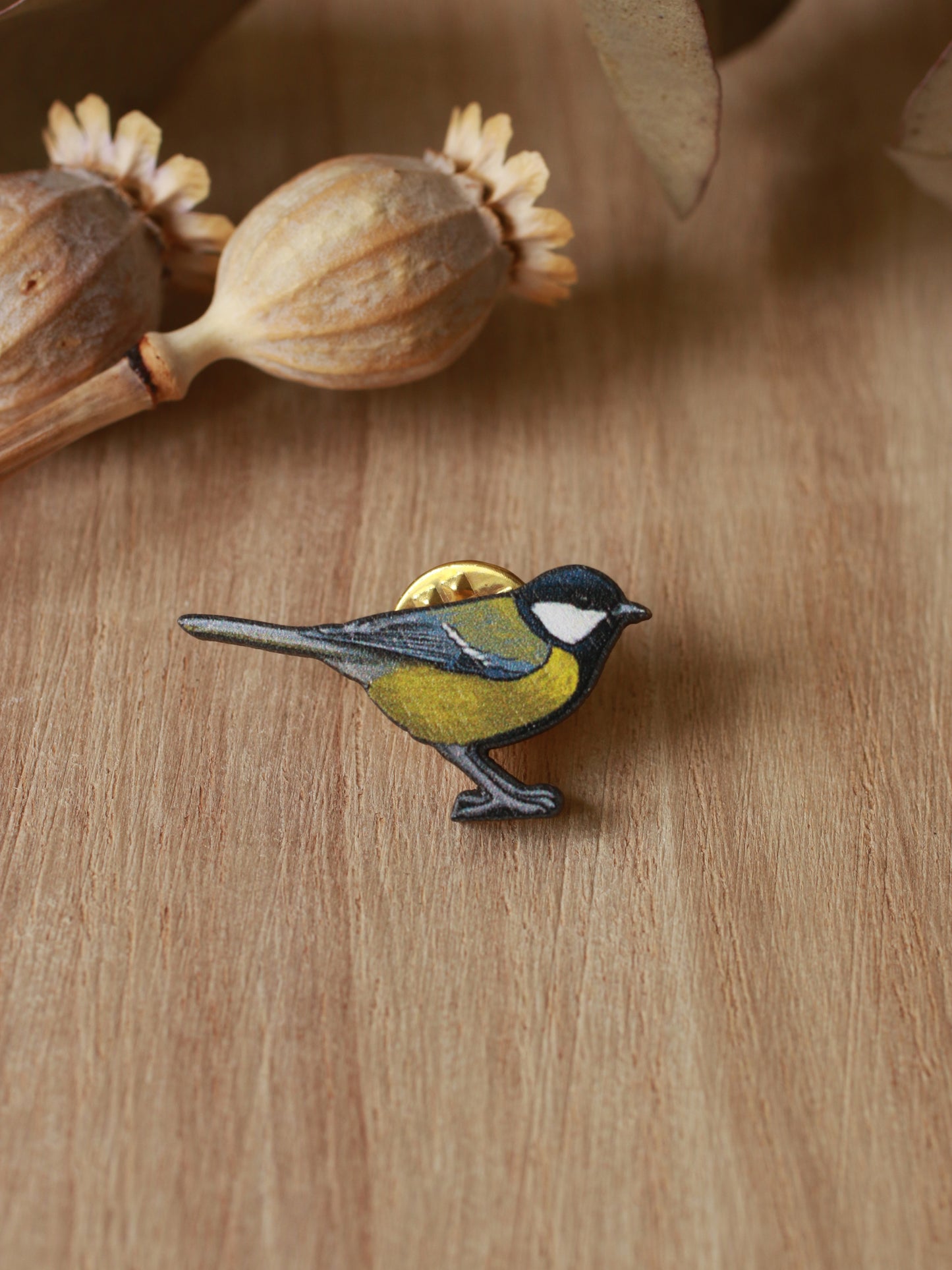 Great tit pin - wooden bird brooch