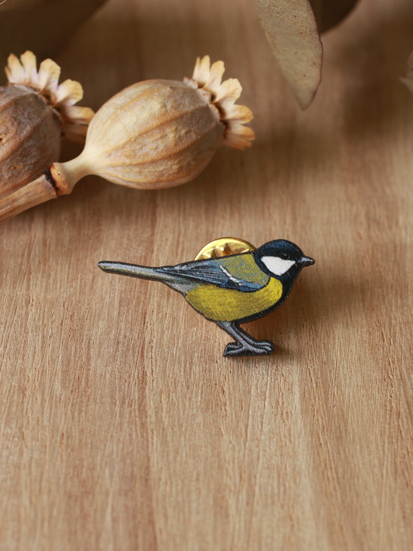 Great tit pin - wooden bird brooch