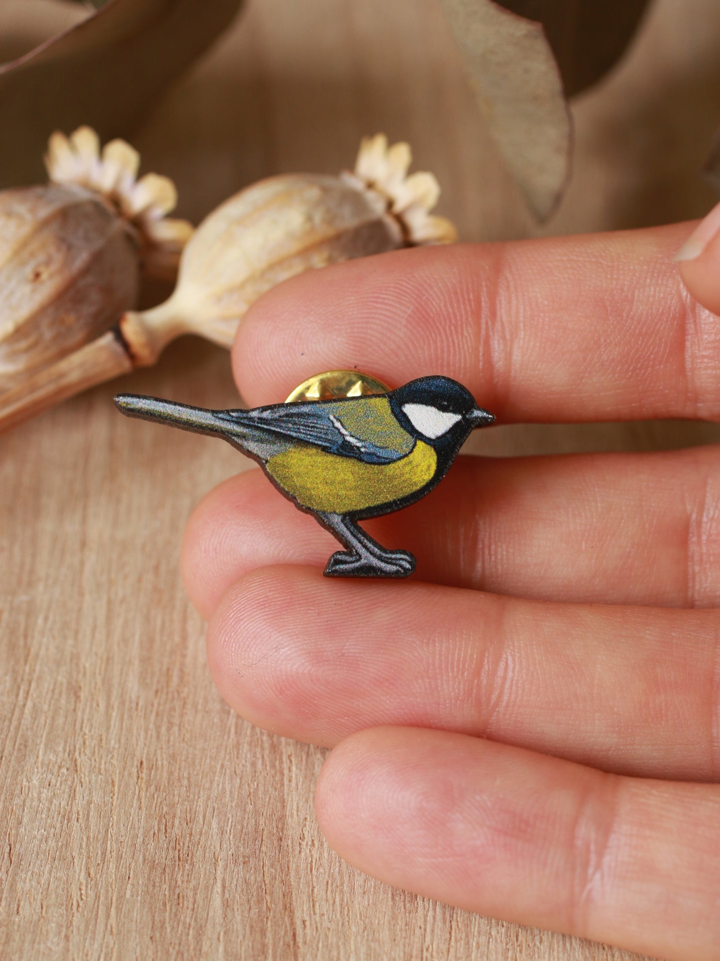 Great tit pin - wooden bird brooch
