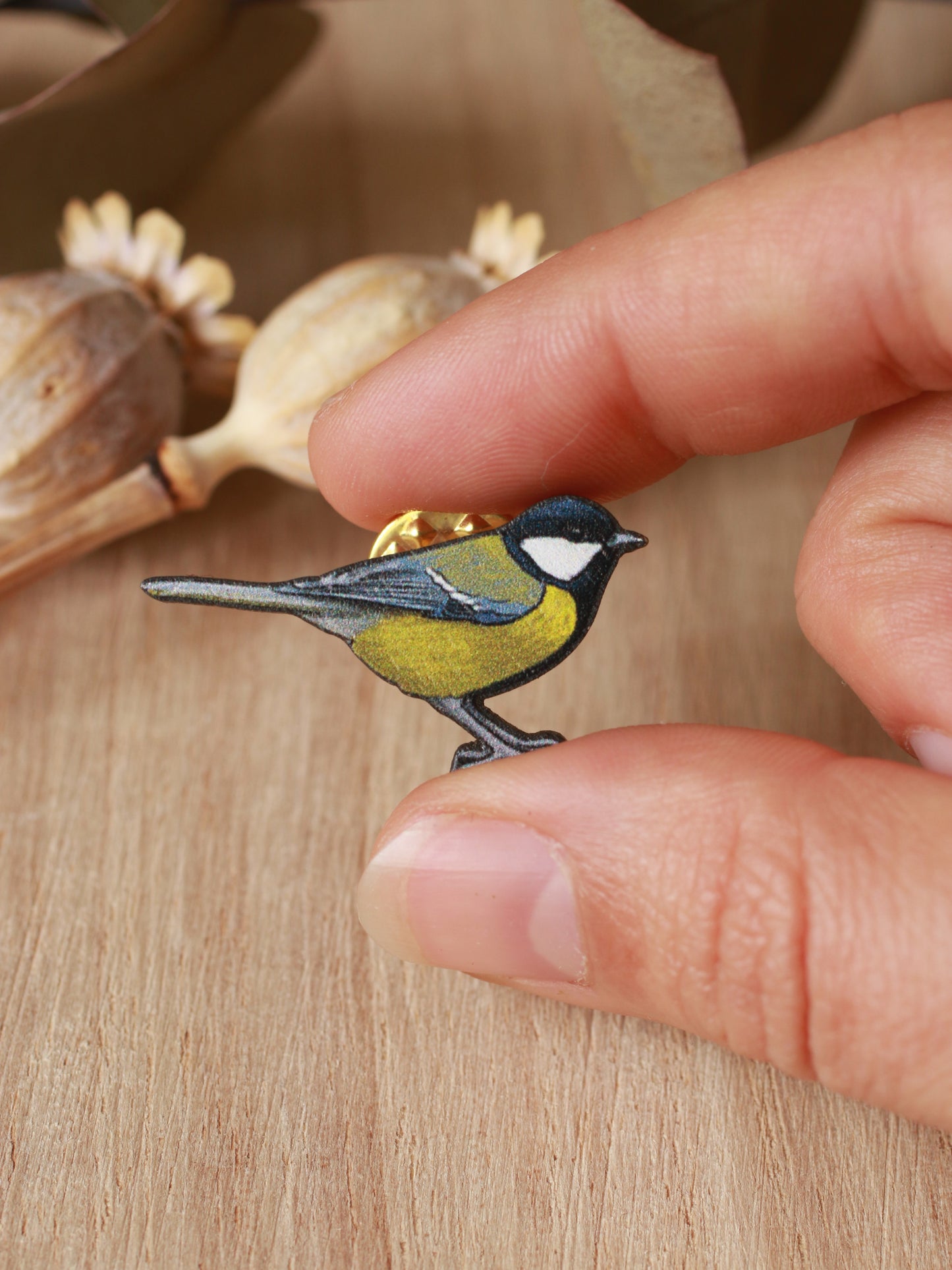 Great tit pin - wooden bird brooch