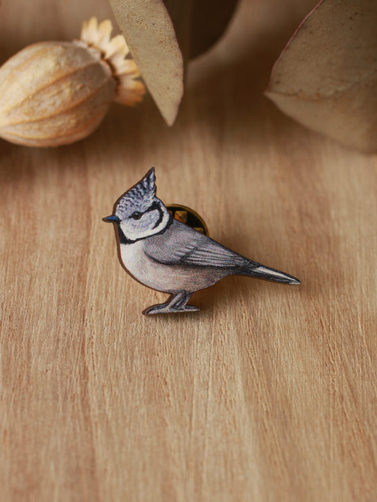 Crested tit pin - wooden bird pin
