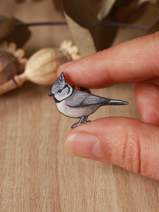 Crested tit pin - wooden bird pin