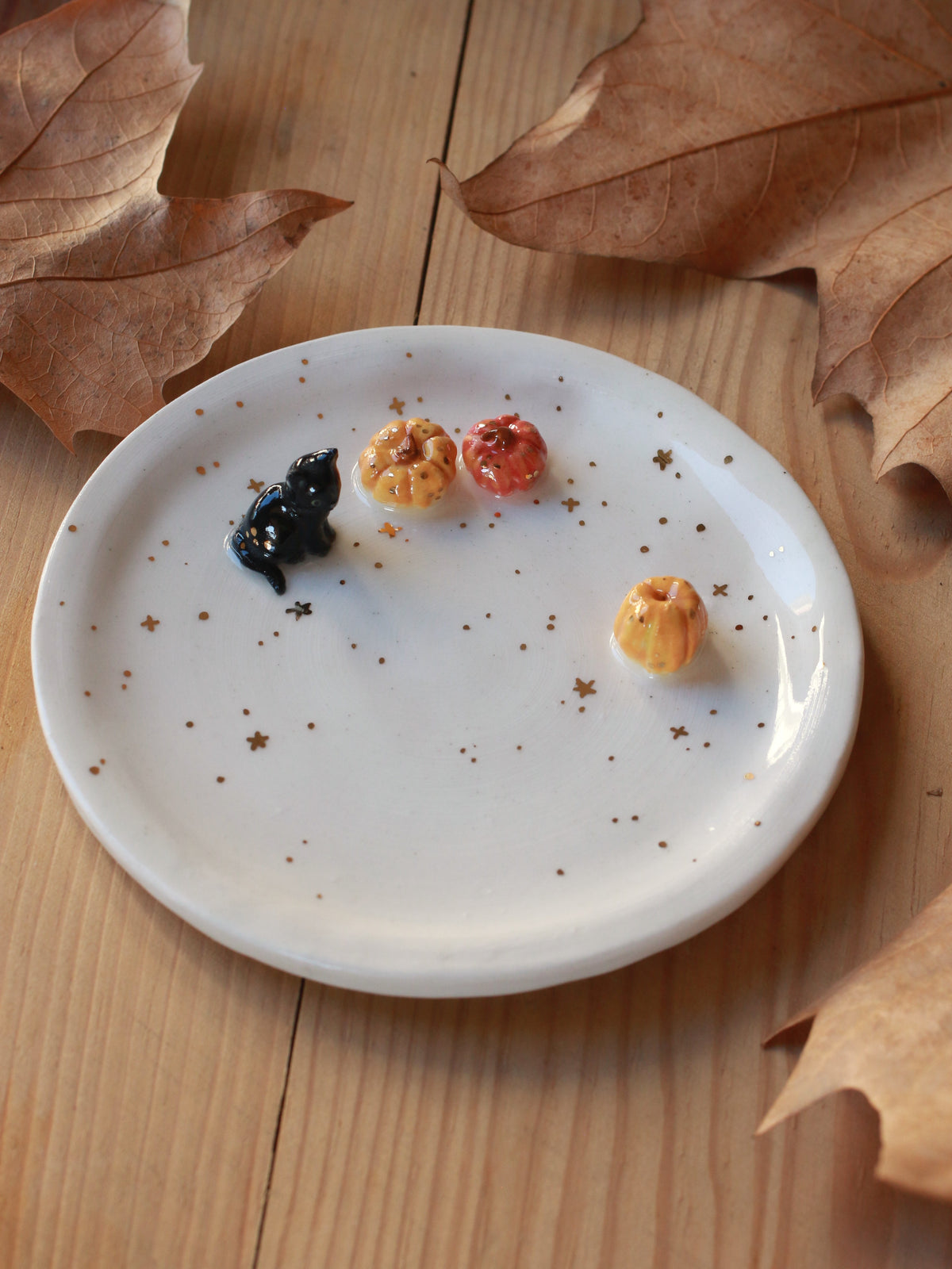 Black cat with pumpkins Ring Dish - Porcelain jewellery dish