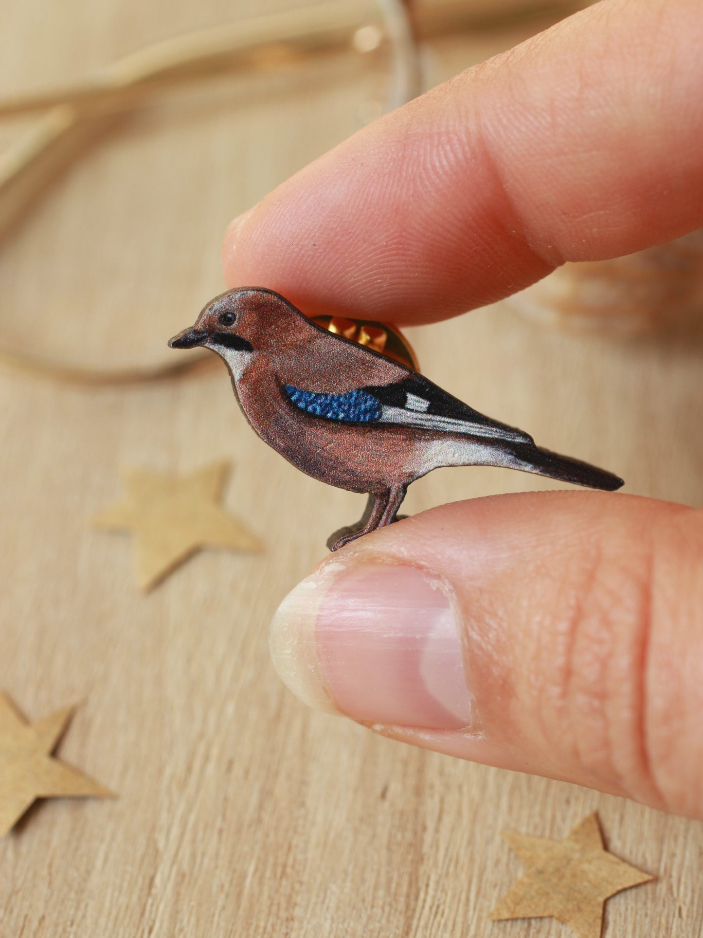 Jay pin - wooden bird brooch