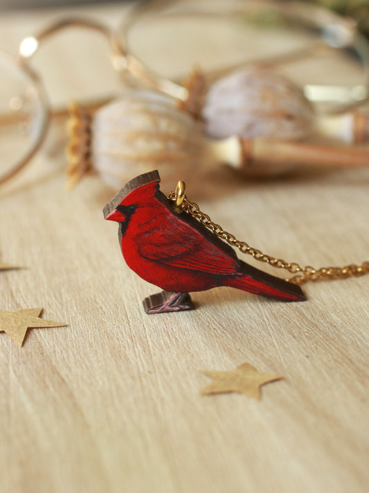 Red cardinal necklace - wooden bird jewelry