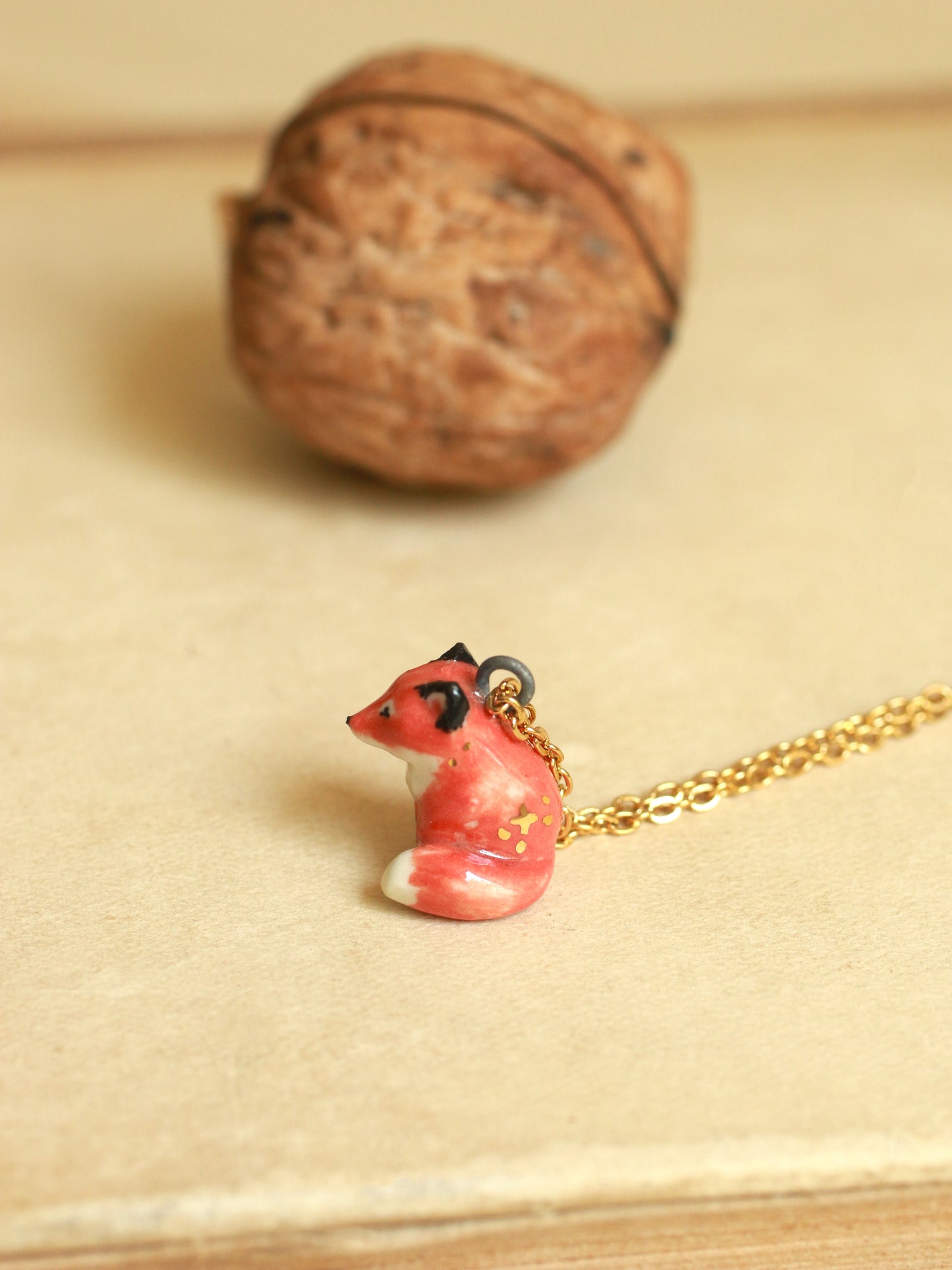 Starry Fox necklace in a walnut box - 22k gold details