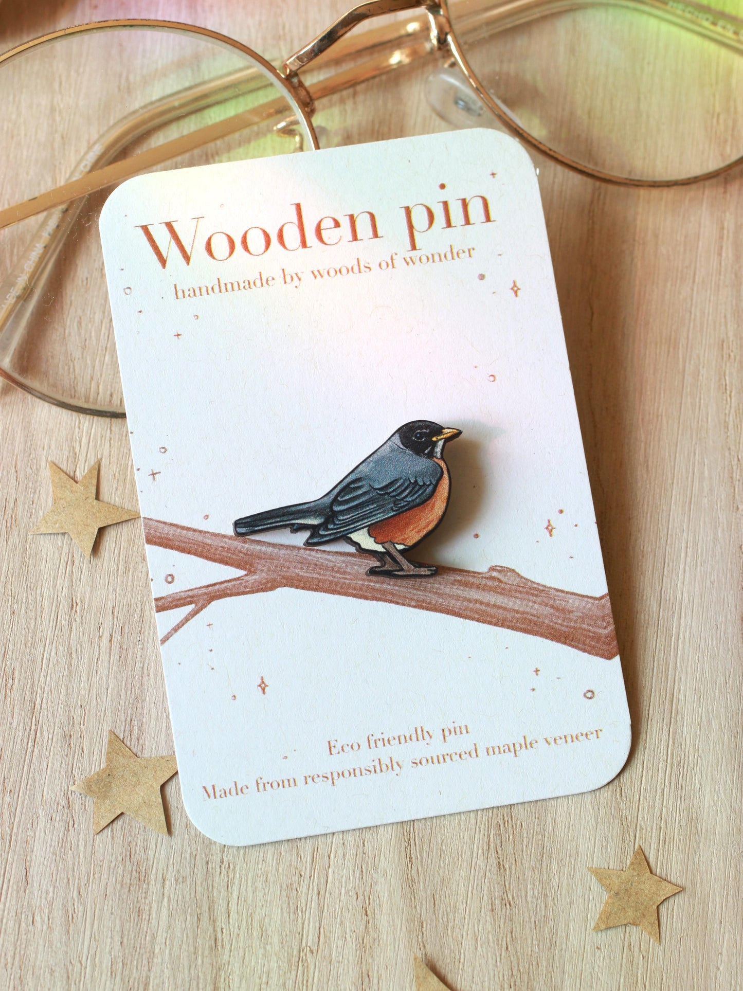 American Robin pin - wooden bird brooch