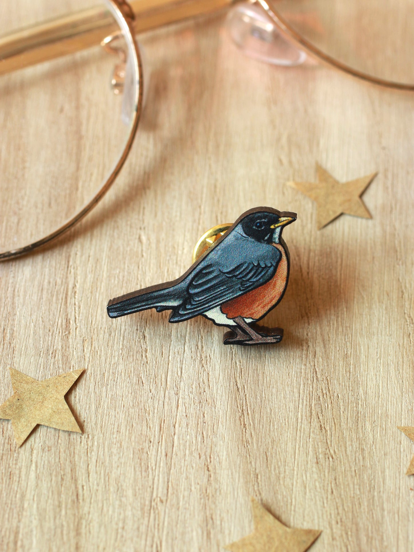 American Robin pin - wooden bird brooch
