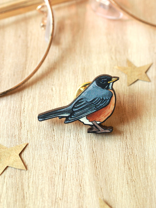 American Robin pin - wooden bird brooch