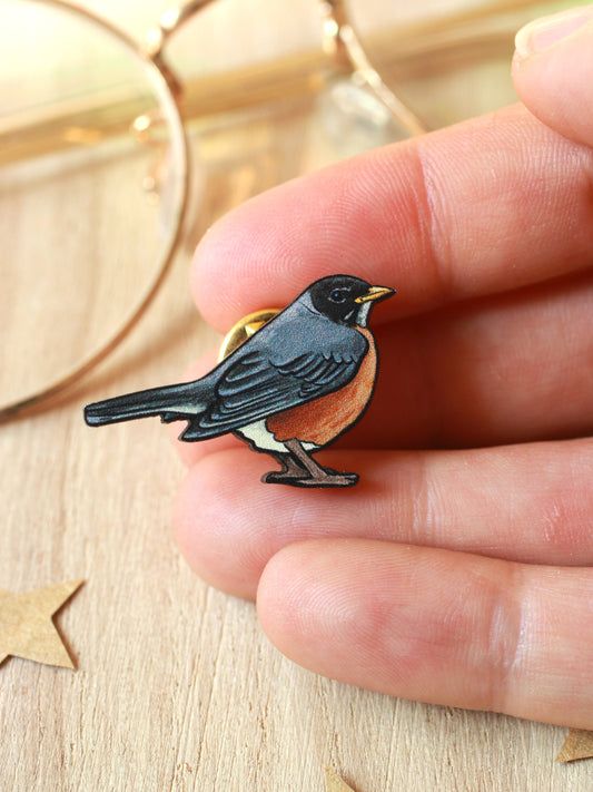 American Robin pin - wooden bird brooch
