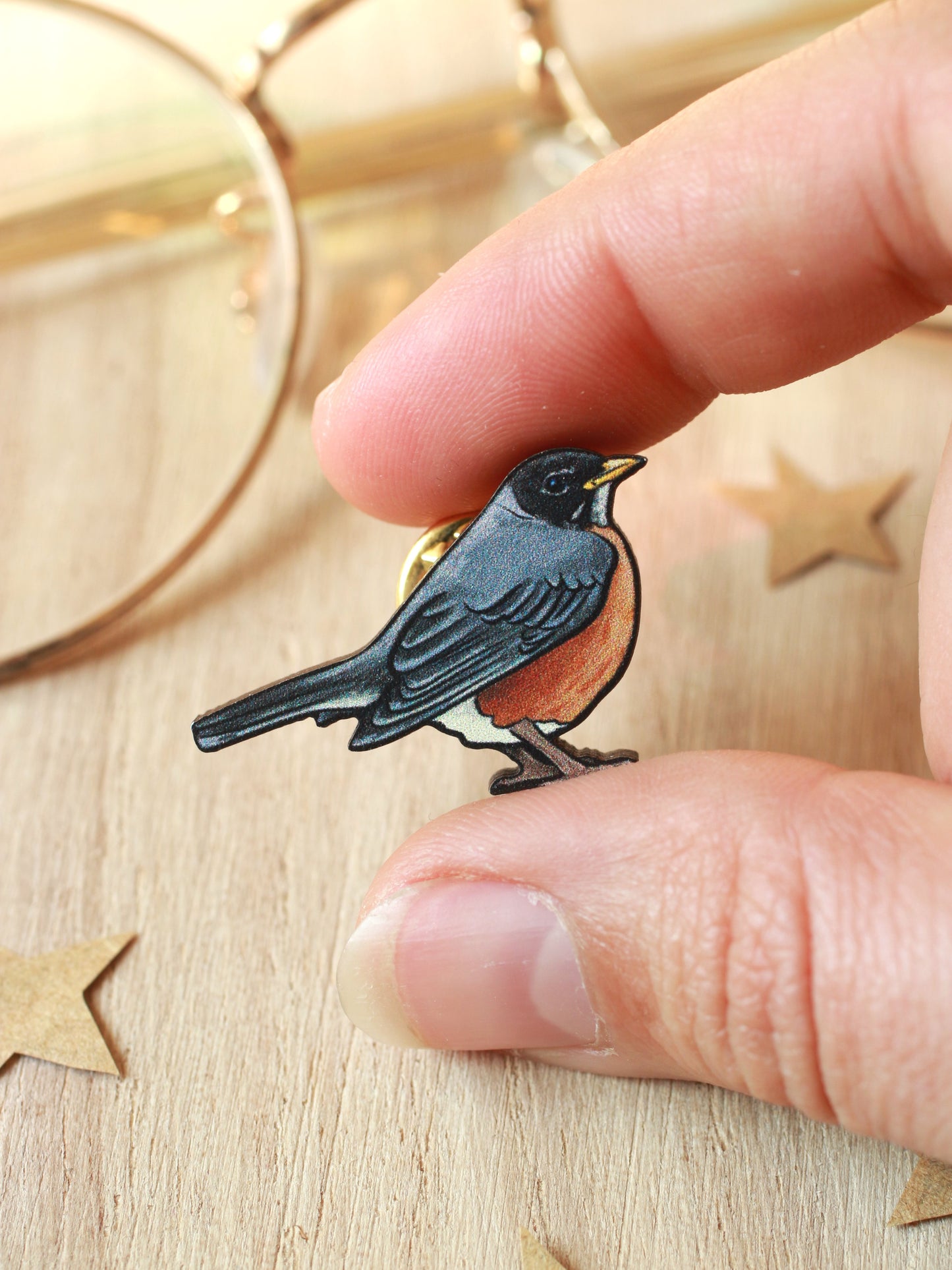 American Robin pin - wooden bird brooch