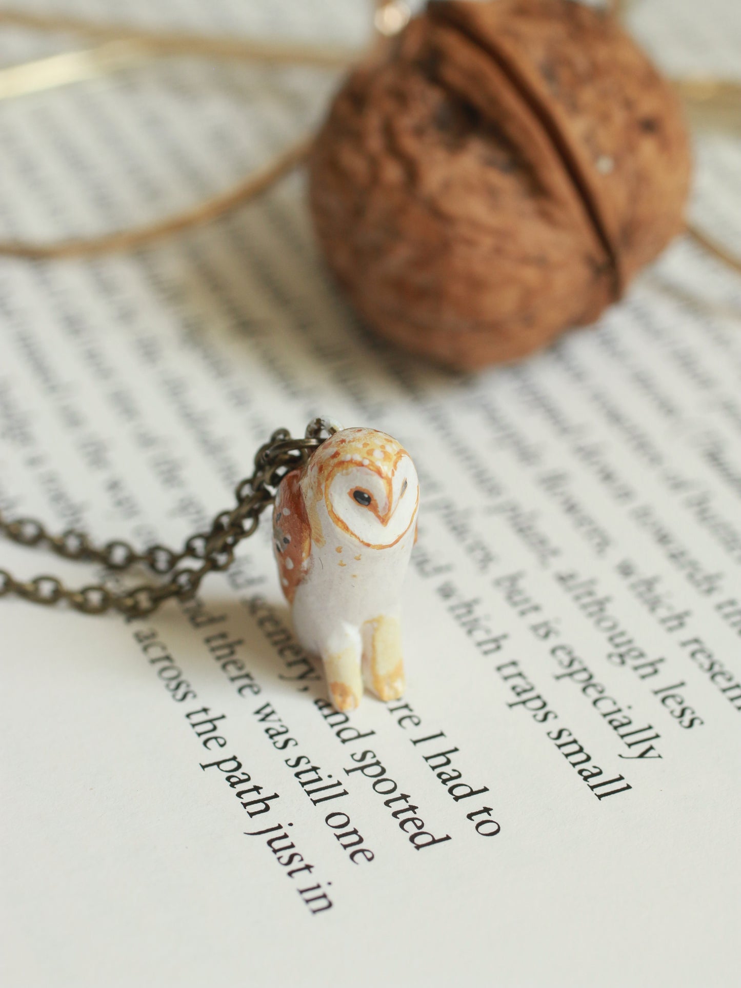Barn owl necklace in a nutshell box