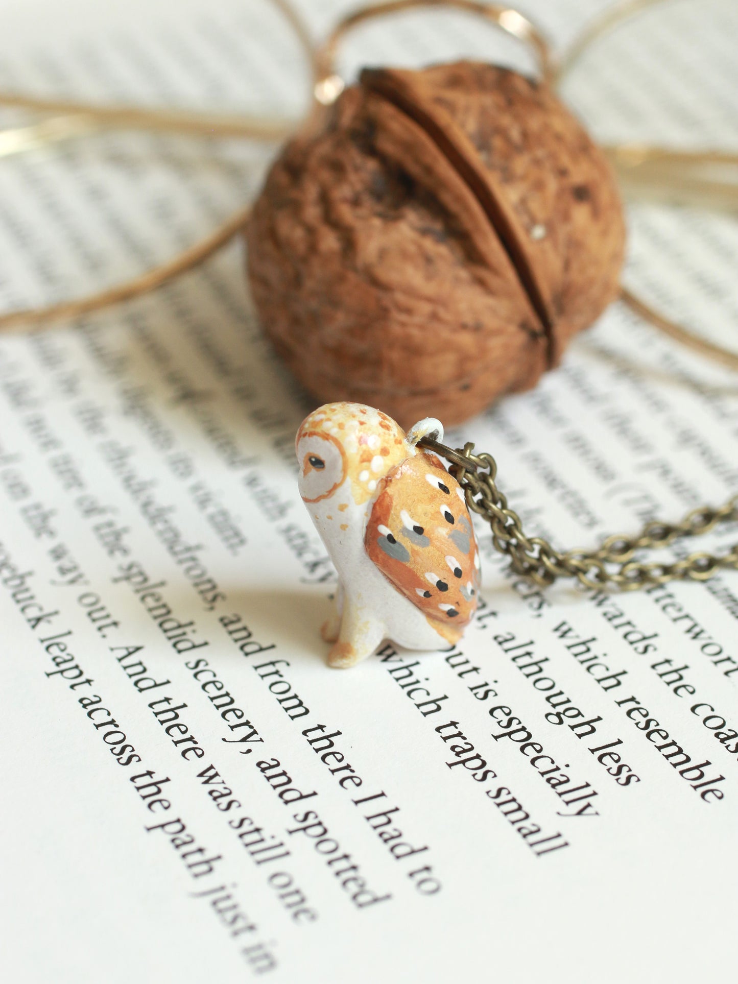 Barn owl necklace in a nutshell box
