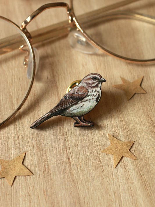 Sparrow pin - wooden bird brooch