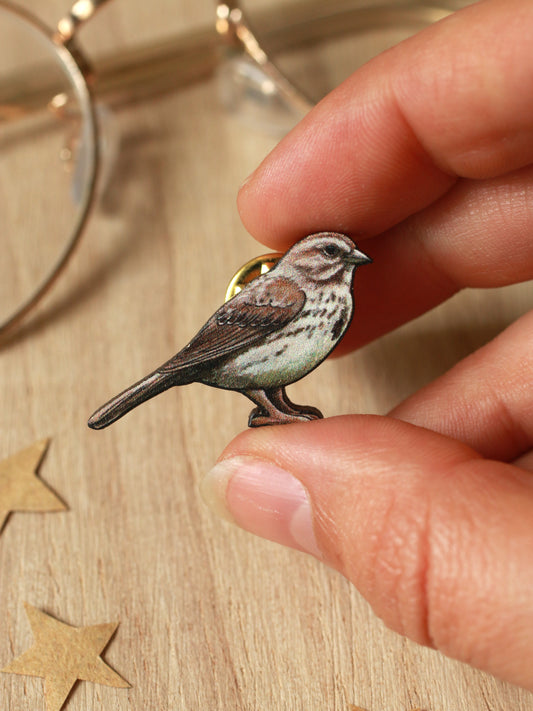 Sparrow pin - wooden bird brooch