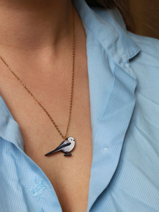 Long-tailed tit necklace - wooden bird pendant