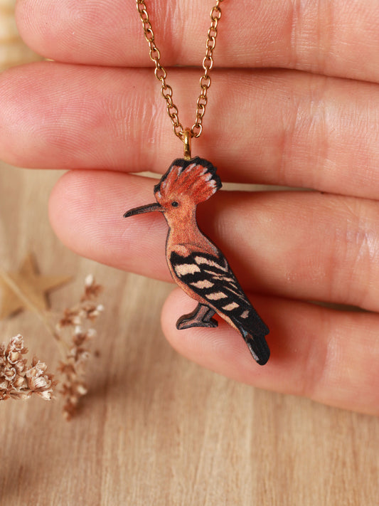 Hoopoe necklace - wooden bird pendant