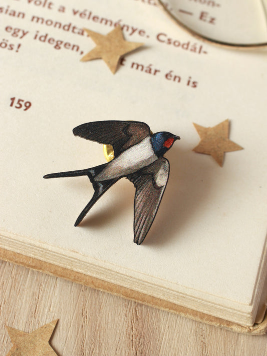 Swallow pin - wooden bird brooch