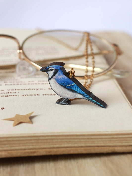 Blue jay necklace - wooden bird pendant