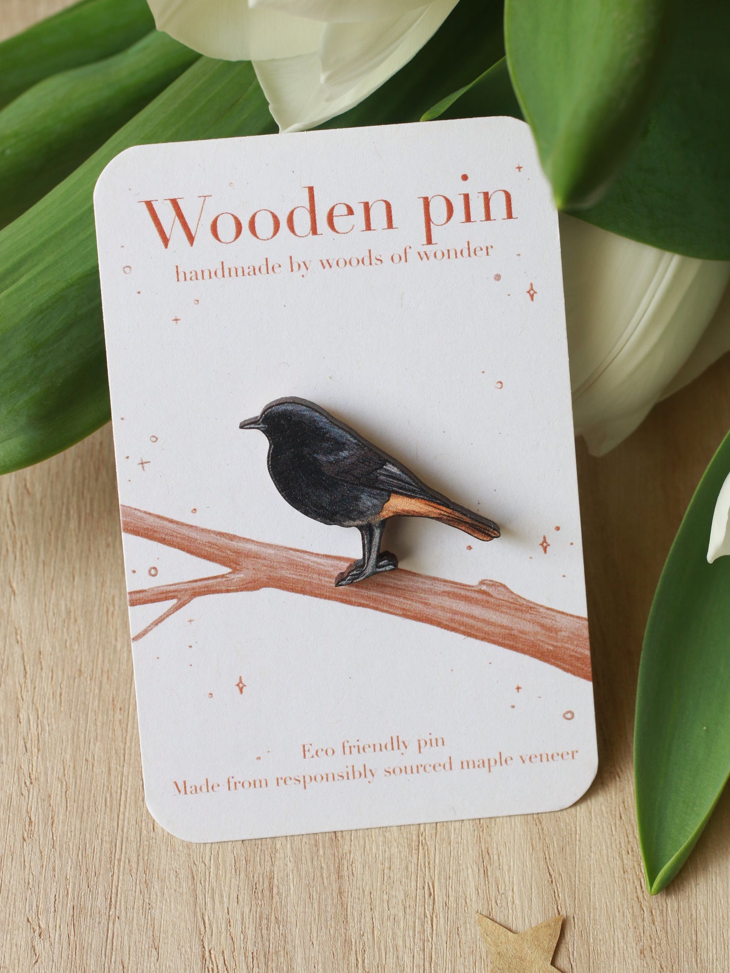 Black redstart pin - wooden bird brooch