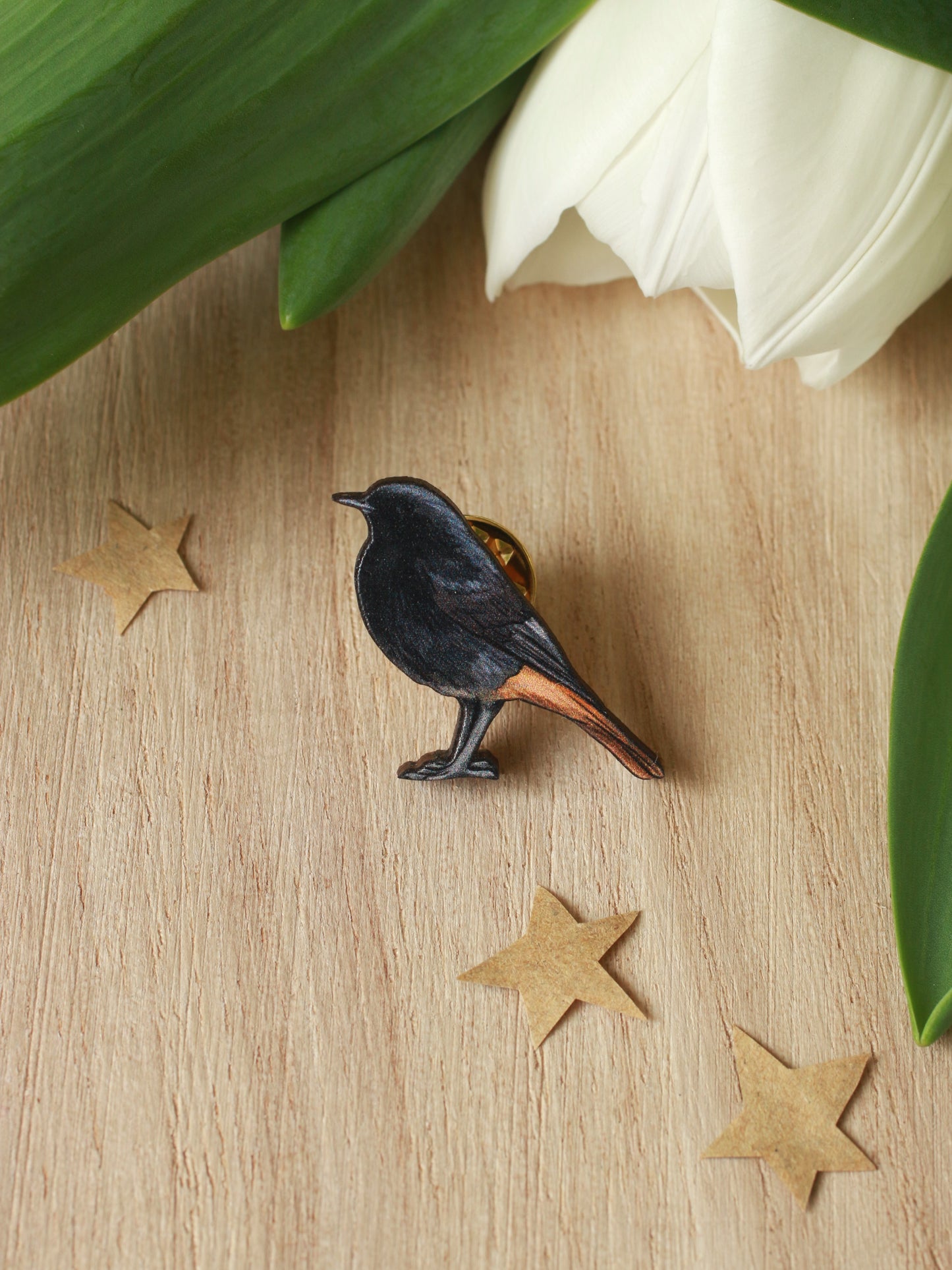 Black redstart pin - wooden bird brooch