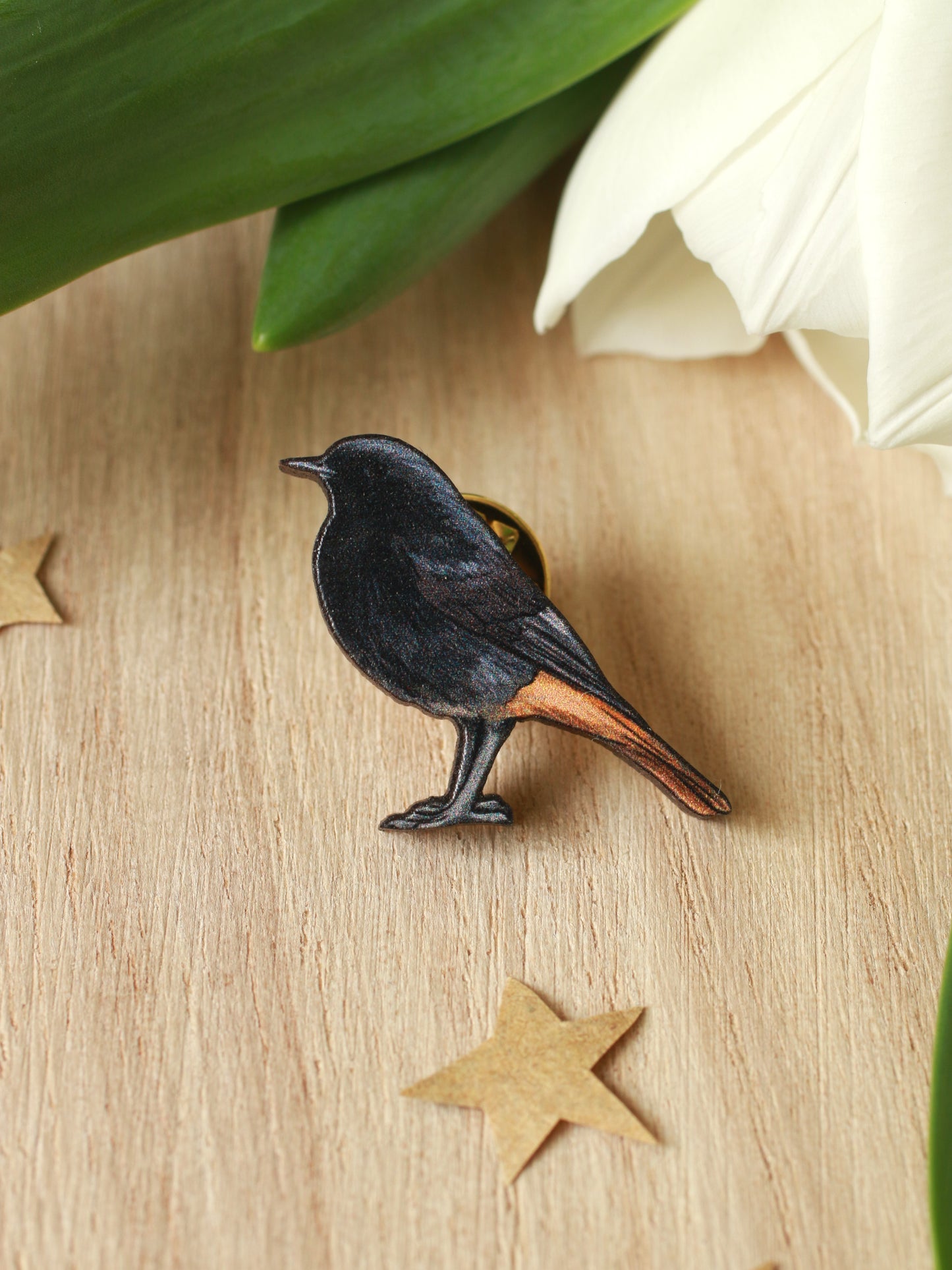 Black redstart pin - wooden bird brooch