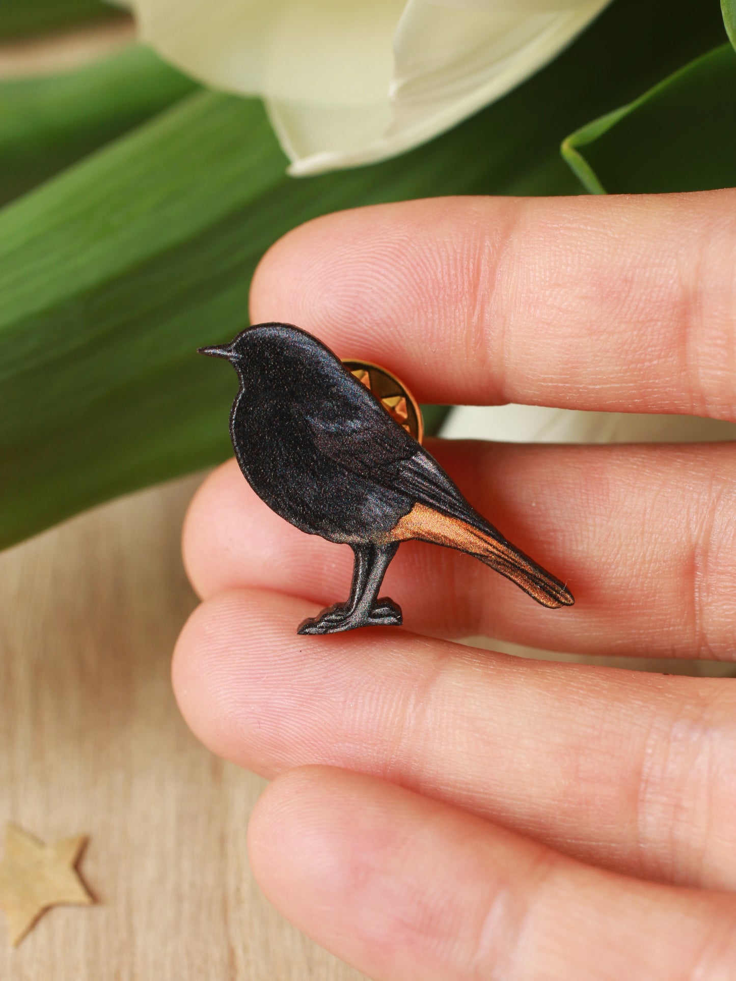 Black redstart pin - wooden bird brooch