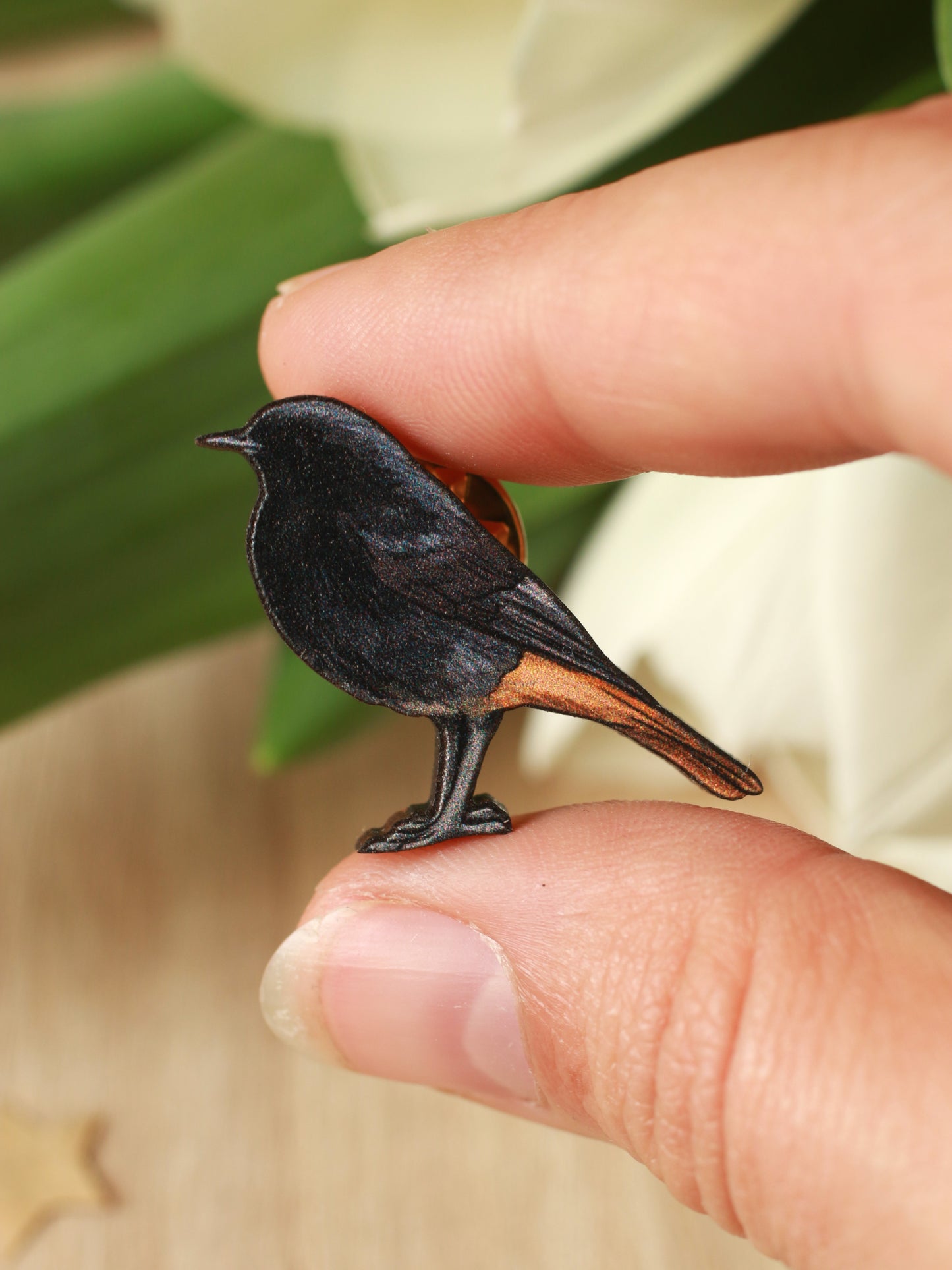 Black redstart pin - wooden bird brooch