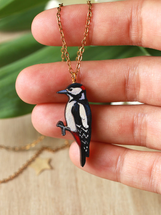 Woodpecker necklace - wooden bird pendant