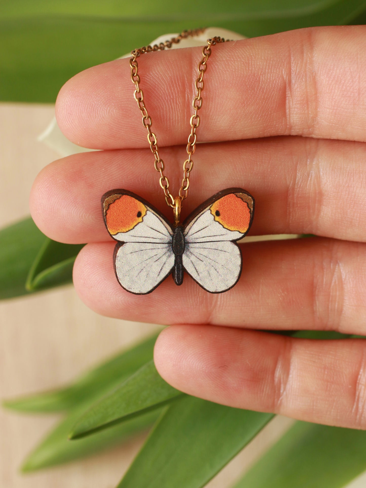 Wooden Orange tip Butterfly necklace