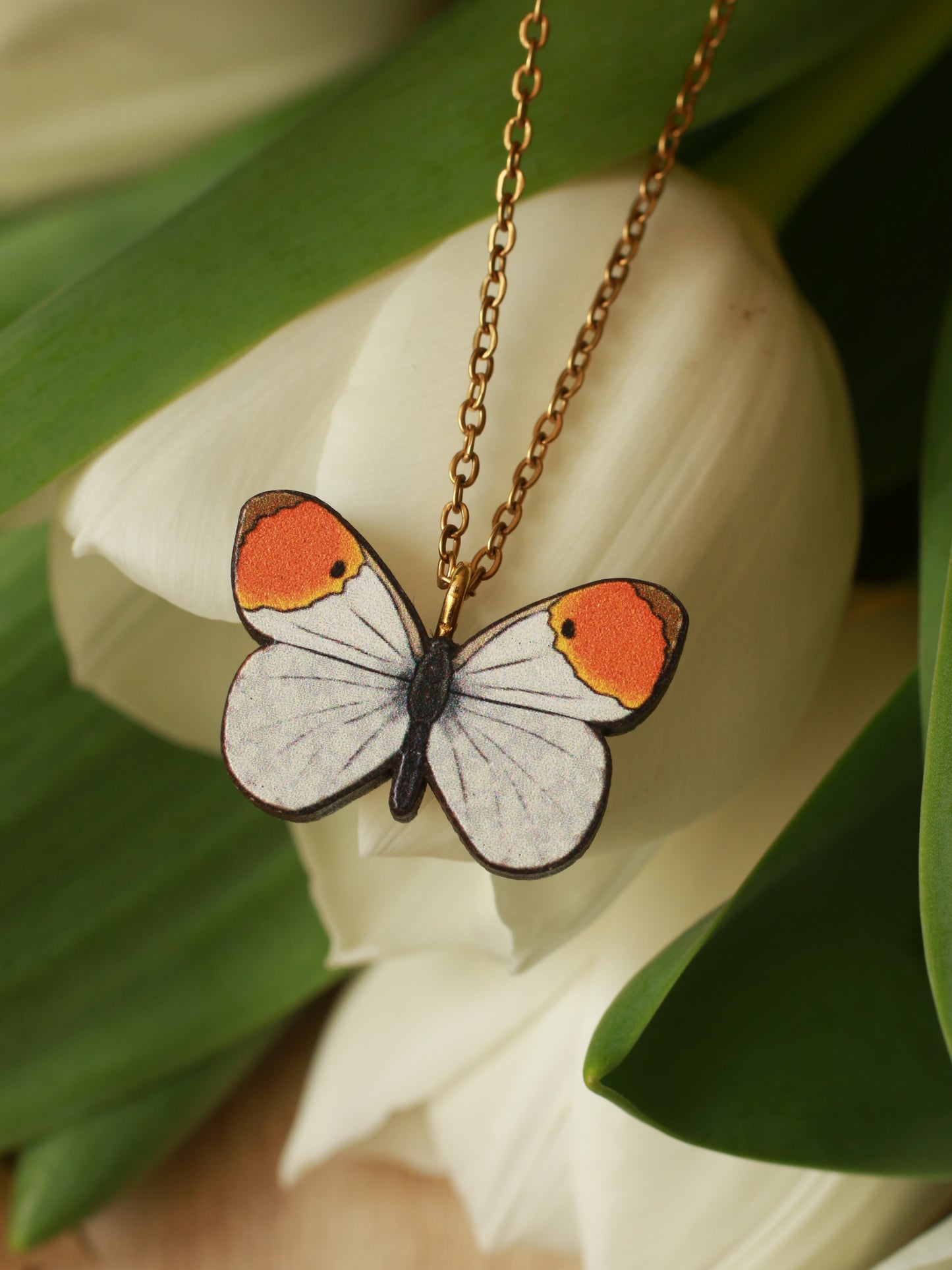 Wooden Orange tip Butterfly necklace