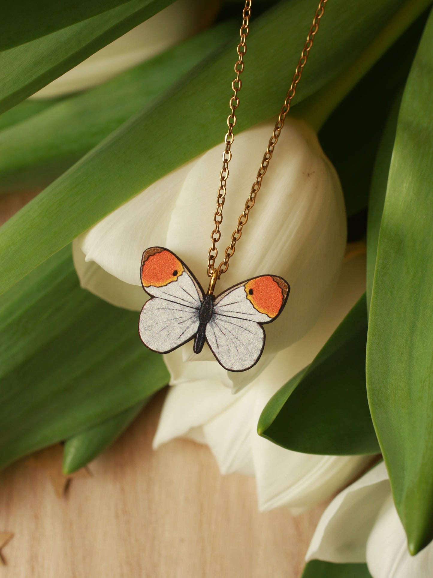 Wooden Orange tip Butterfly necklace