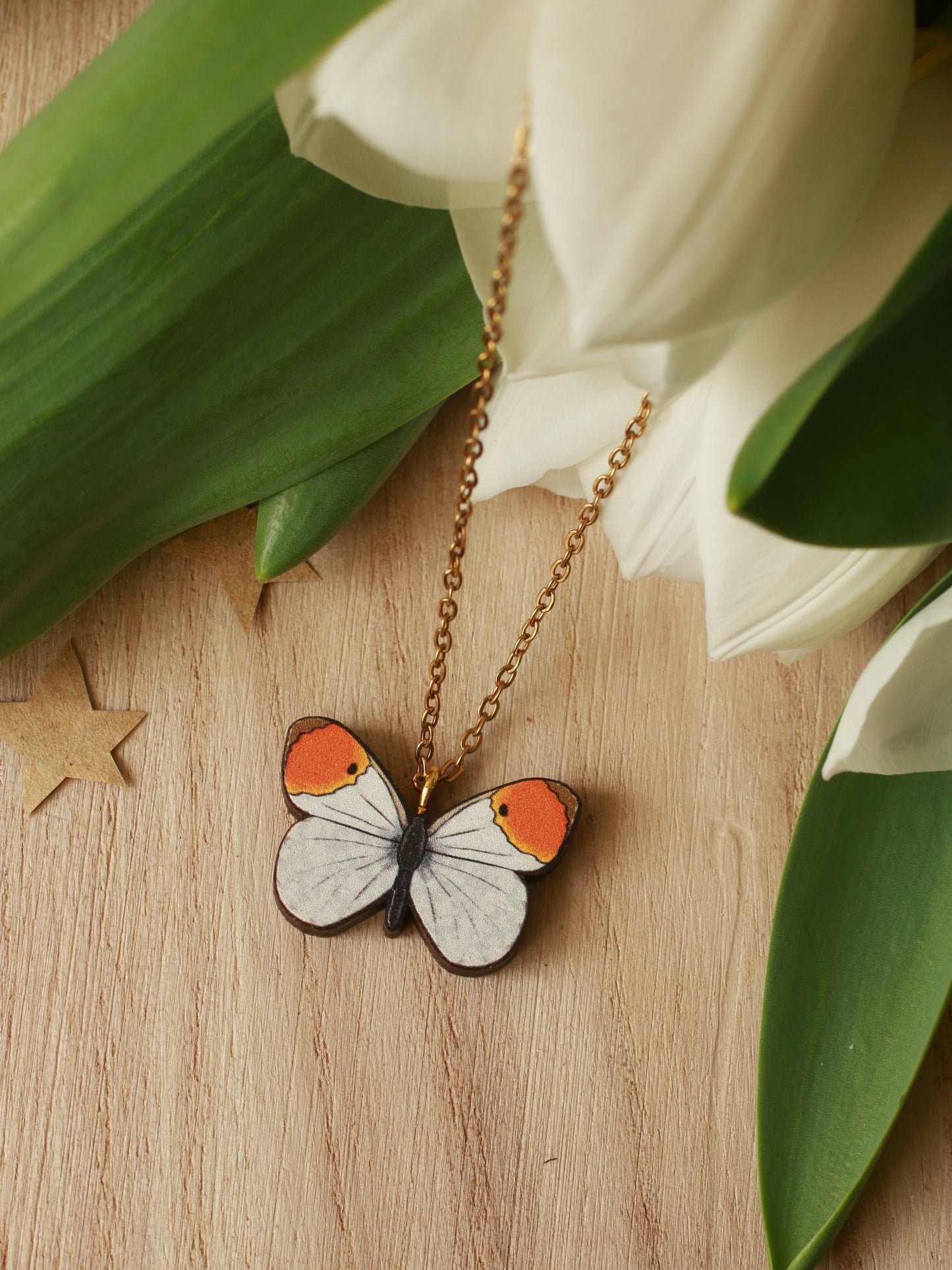 Wooden Orange tip Butterfly necklace