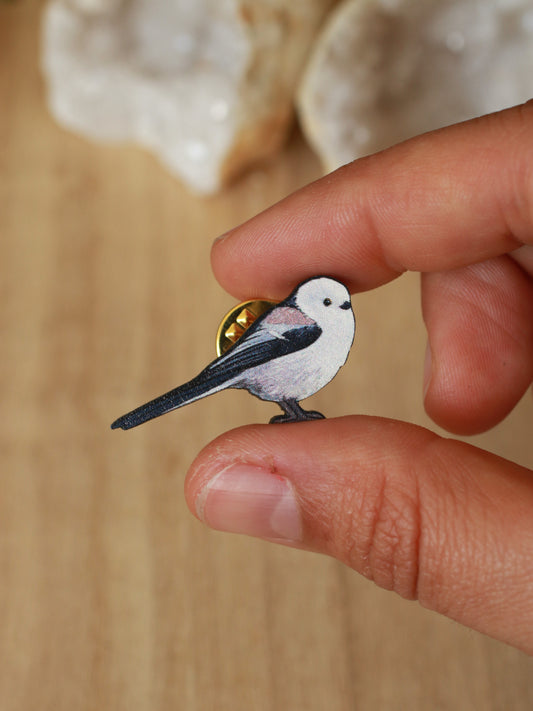 Long-tailed tit pin - wooden bird pin