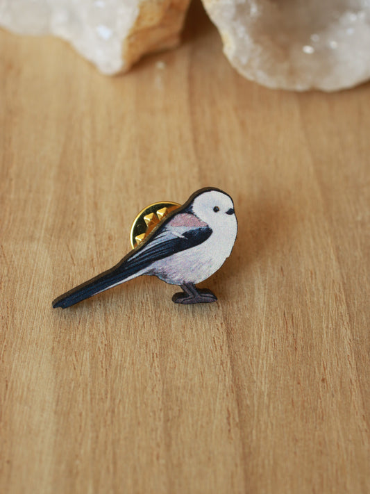 Long-tailed tit pin - wooden bird pin