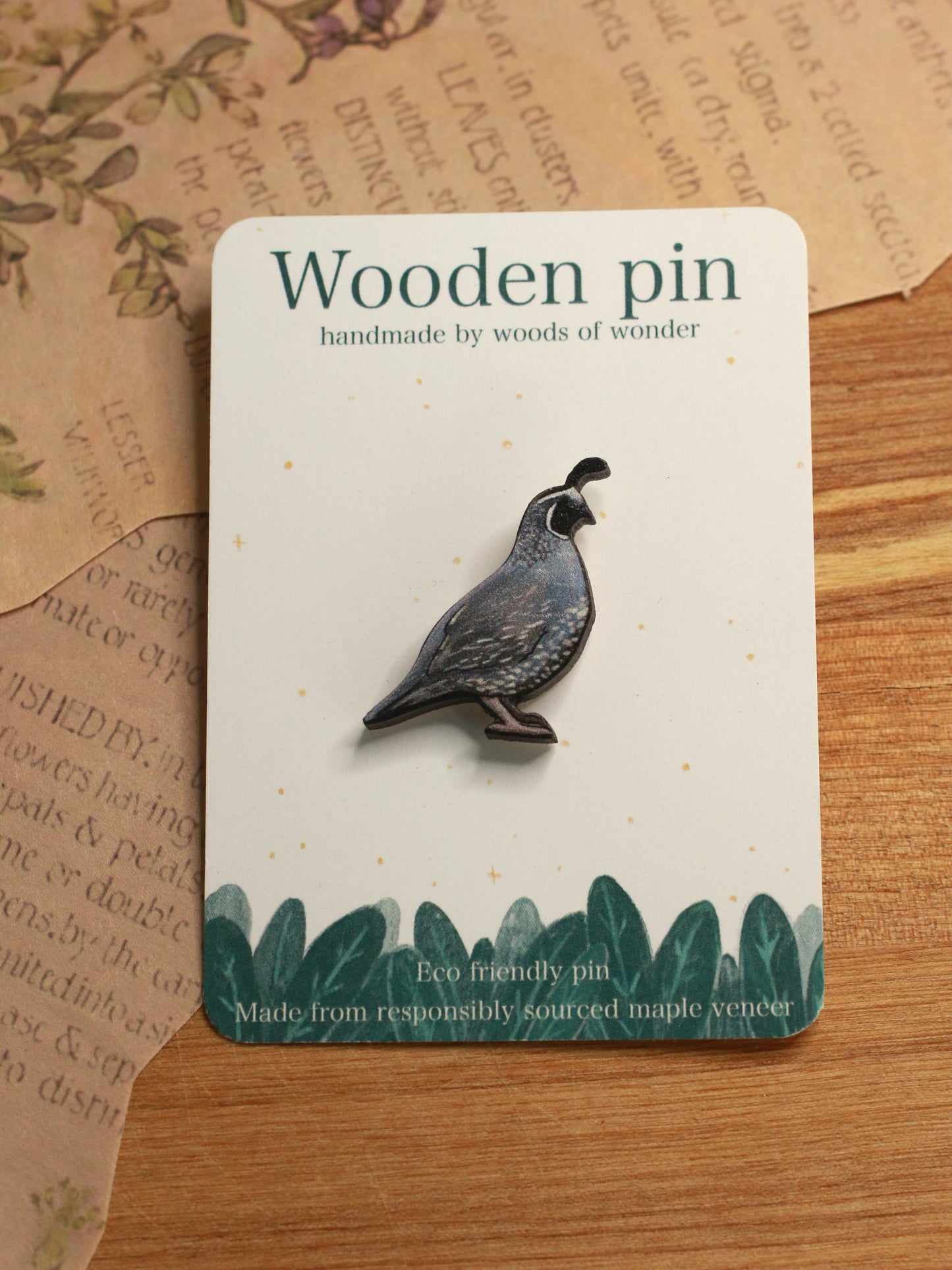 Quail pin - wooden quail brooch